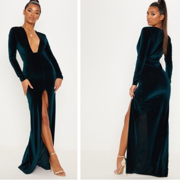 ruffle plunge split leg maxi dress